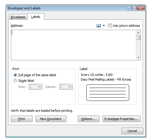 User Interface for MS Word Label Wizard
